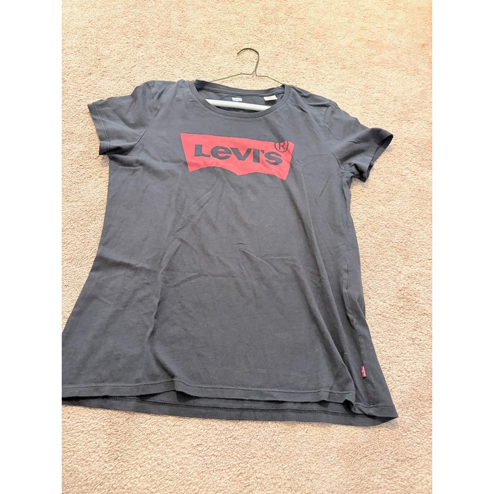 Levis Womens Graphic T-Shirt Charcoal Gray Red Batwing Logo Crew Neck Large